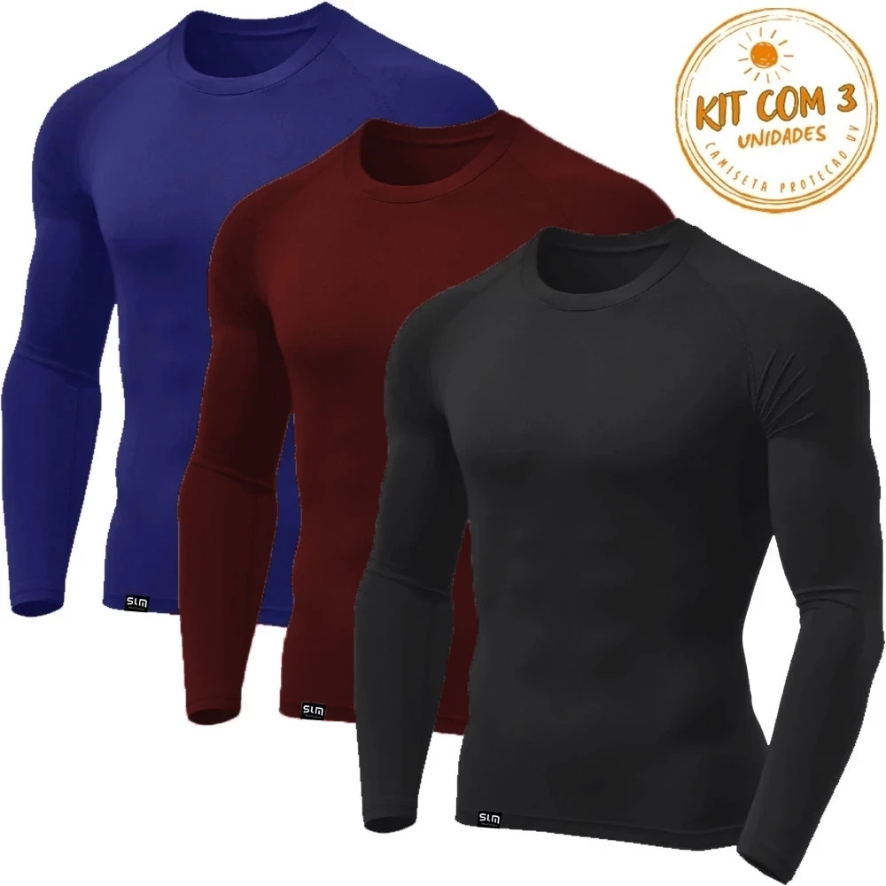 Kit 3 Camisetas Masculinas Segunda Pele UV50+ Manga Longa Academia Corrida em Oferta na Shopee