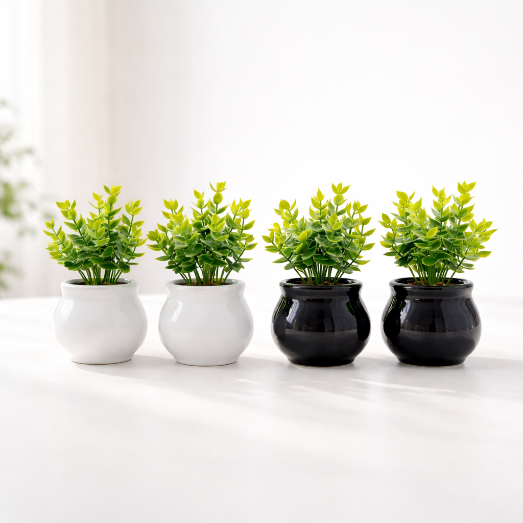Kit 2 vasinhos de cerâmica preto ou branco com plantinha artificial para decoração em Oferta na Shopee