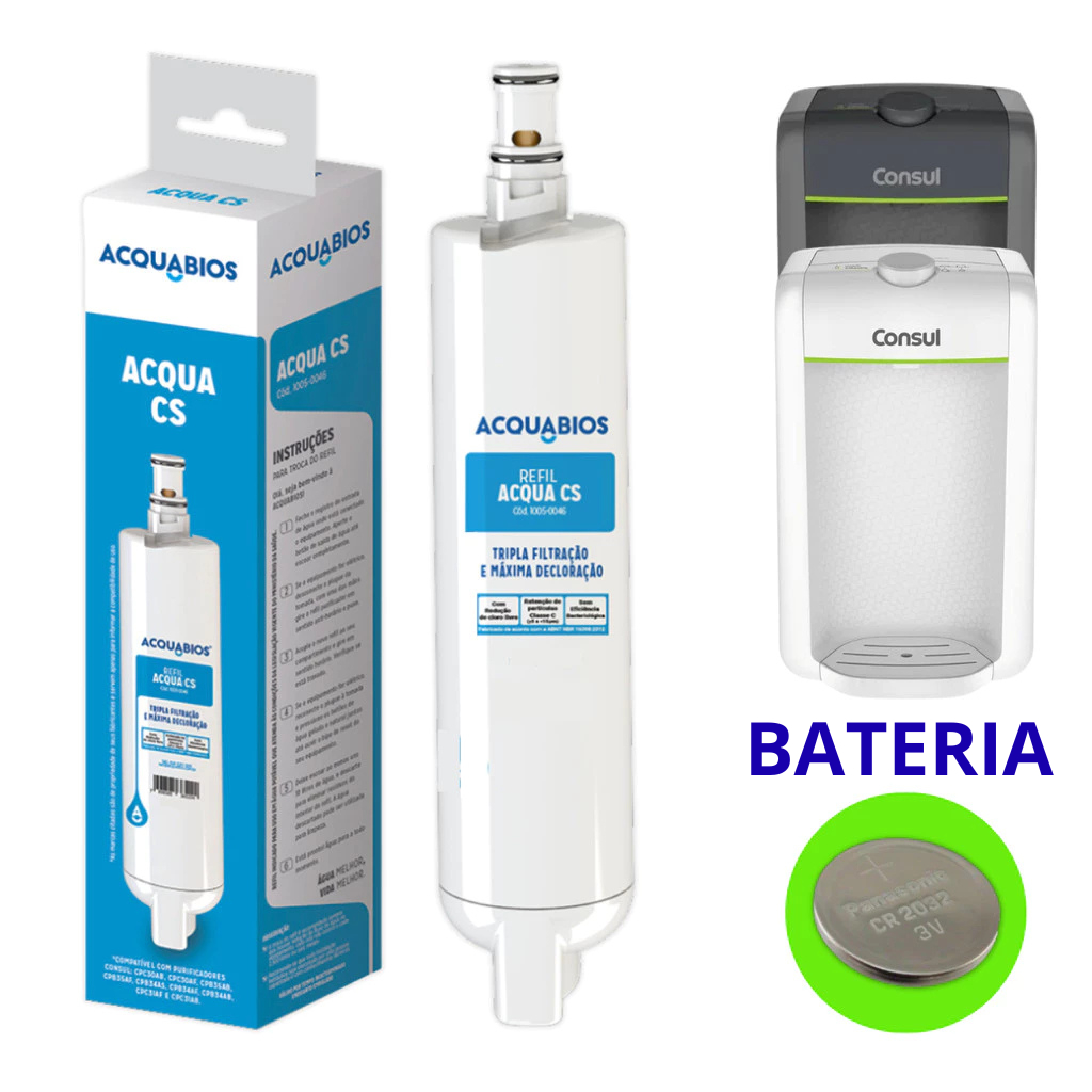 Refil de Filtro de Água Com Bateria Compatível Com Purificadores Filtro Consul e  Acquabios Faciliti