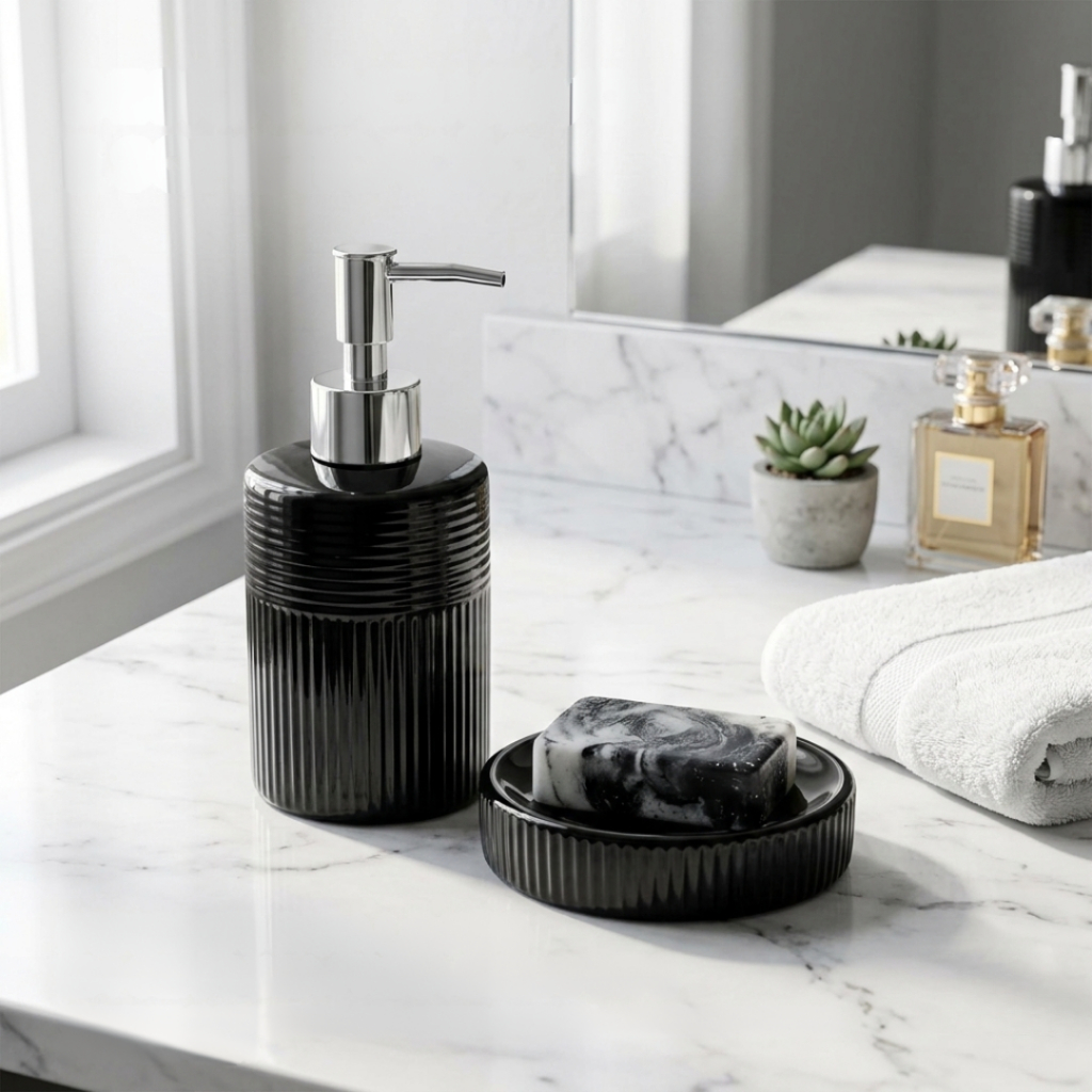 Kit Lavabo 2 Peças Preto Cerâmica Luxo Porta Sabonete Liquido e Suporte Banheiro