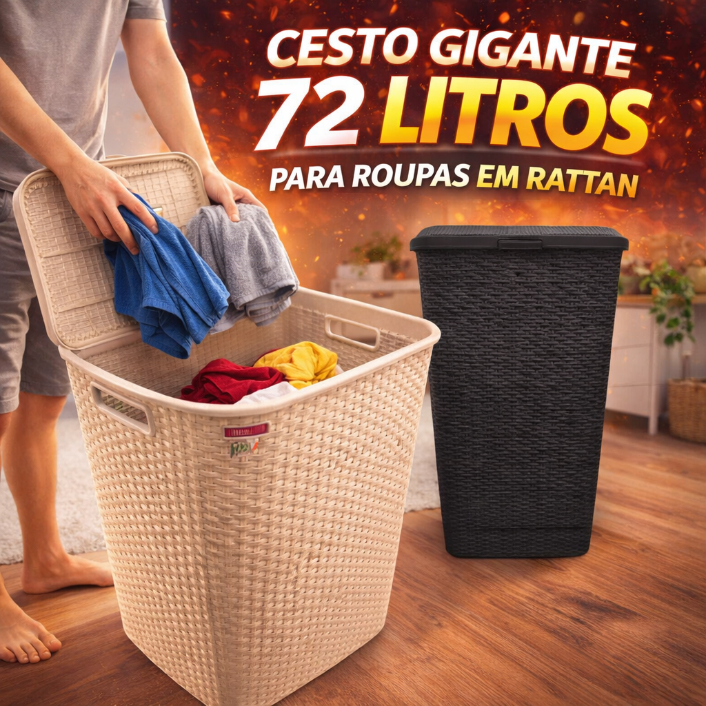 Cesto Roupa Suja 72L Rattan Grande com Tampa Organizador Lavanderia Banheiro Quarto Plástico Resistente
