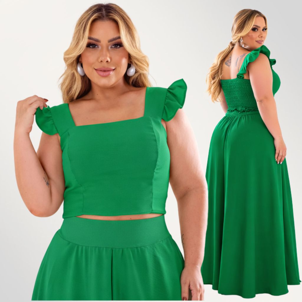 Conjunto plus size moda maior de saia godê longa e cropped de alça babado tecido crepe dunas cores e estampas variadas