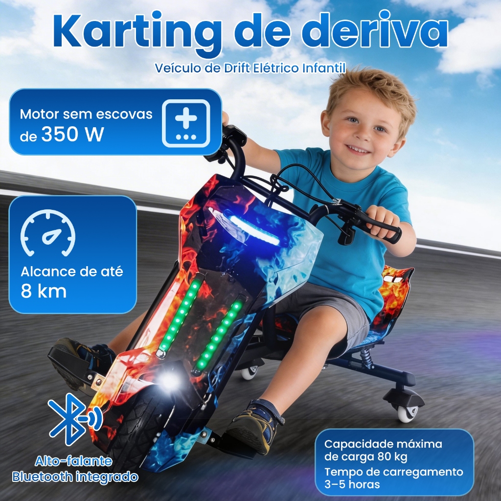 Triciclo Elétrico Drift Motorizado 350w Adulto/Infantil Polegadas 3 Velocidades Bluetooth Led Display para Idade 8+