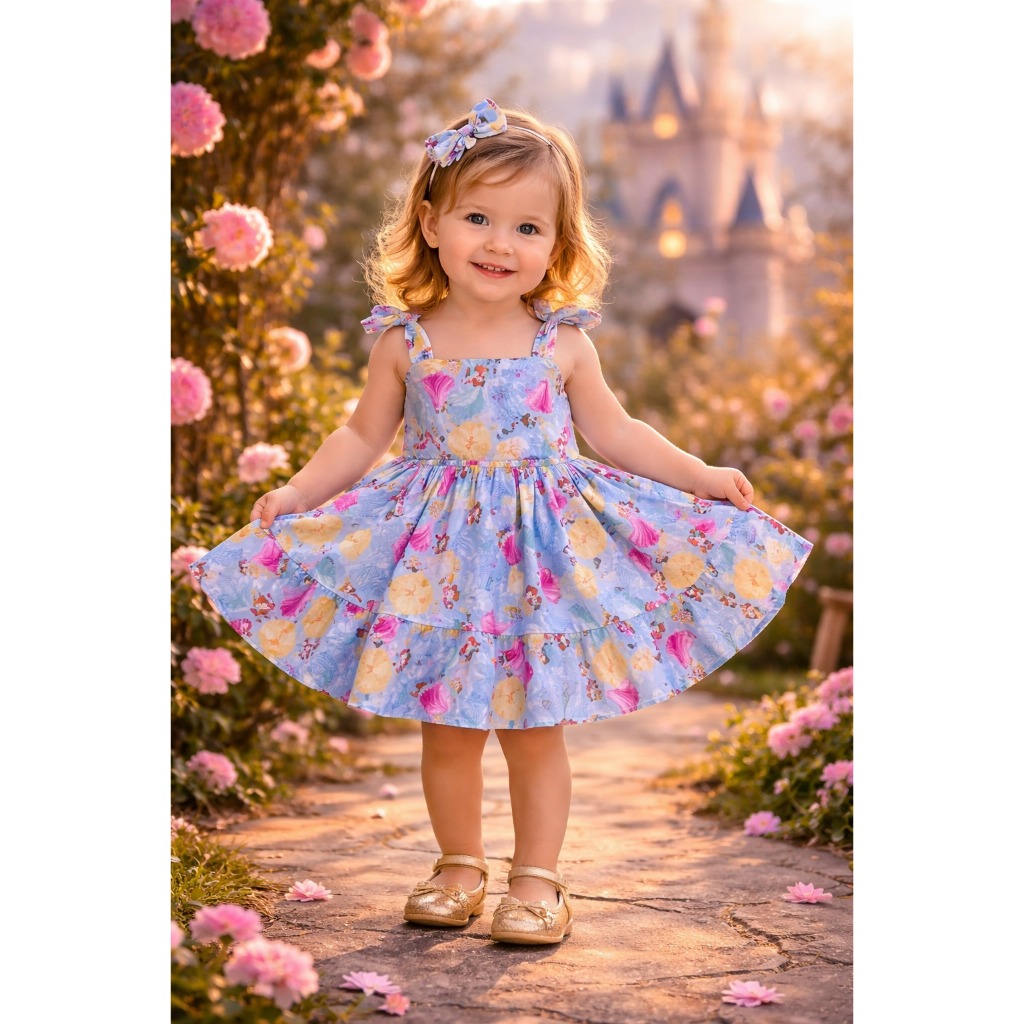 Vestido Princesas (1 a 3 anos) Alcinha de Amarrar Quarteto de Princesas Bela Aurora Cinderela Ariel Disney Festa em Oferta na Shopee