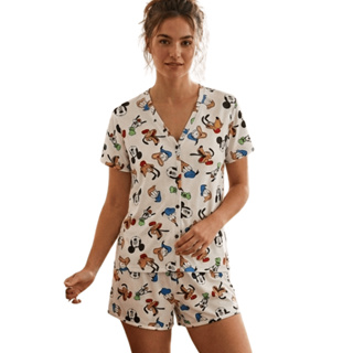 Pijama Feminino Aberto Americano Animal Print Short Doll/  Conjunto de Dormir Botão Malha Confortável Leve em Oferta na Shopee