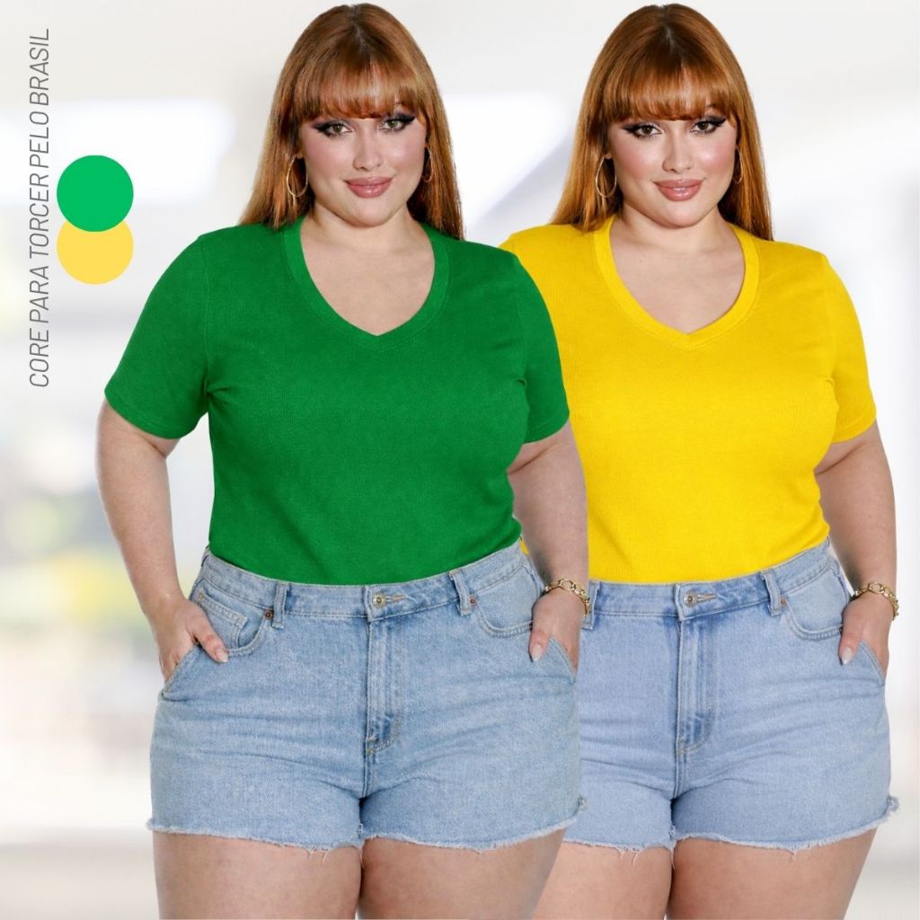 Kit 2 Blusa Plus Size Brasil Feminina Gola V Camiseta Torcida Copa Do Mundo Seleção Brasileira