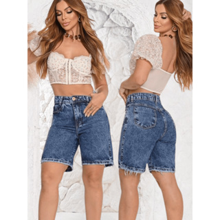 Bermuda Jorts Feminina Jeans Marmorizada Cintura Alta Sem lycra em Oferta na Shopee