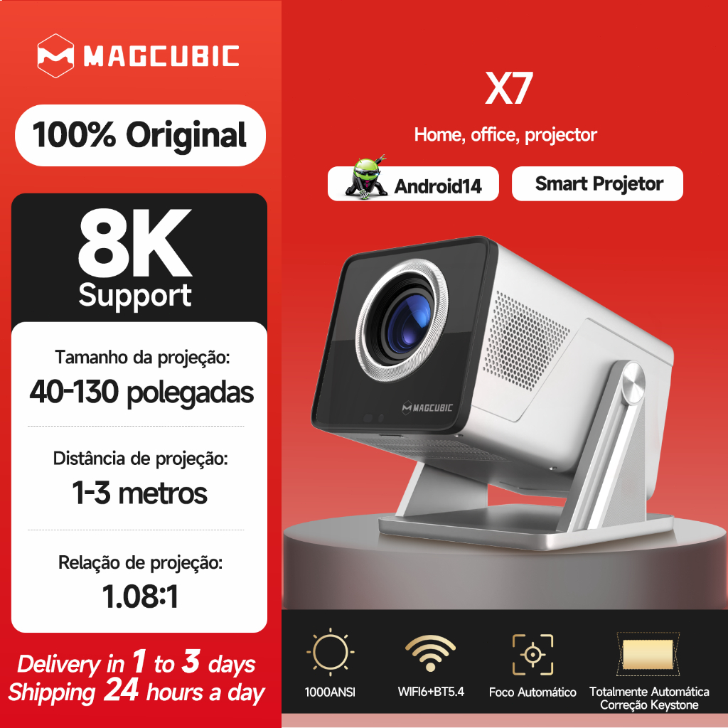 Magcubic X7 Projetor 1000ANSI Android 14 Foco Automático WIFI6 BT5.4 Support 8K/4K Alto-falante De 5 W