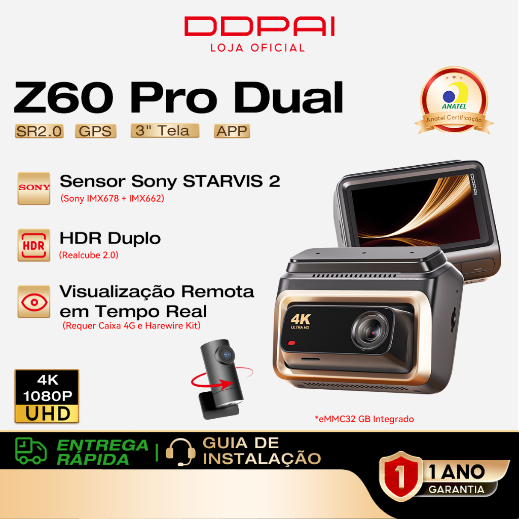 DDPAI Z60 Pro Câmera Veicular 4K+ 1080P STARVIS 2 IMX678+IMX662 Suporte Monitoramento Remoto GPS 3" Tela Visão Noturna