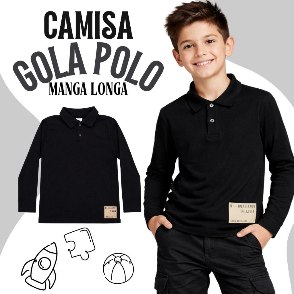 Camisa Gola Polo Menino Manga Longa 100% Algodão Premium – Inverno