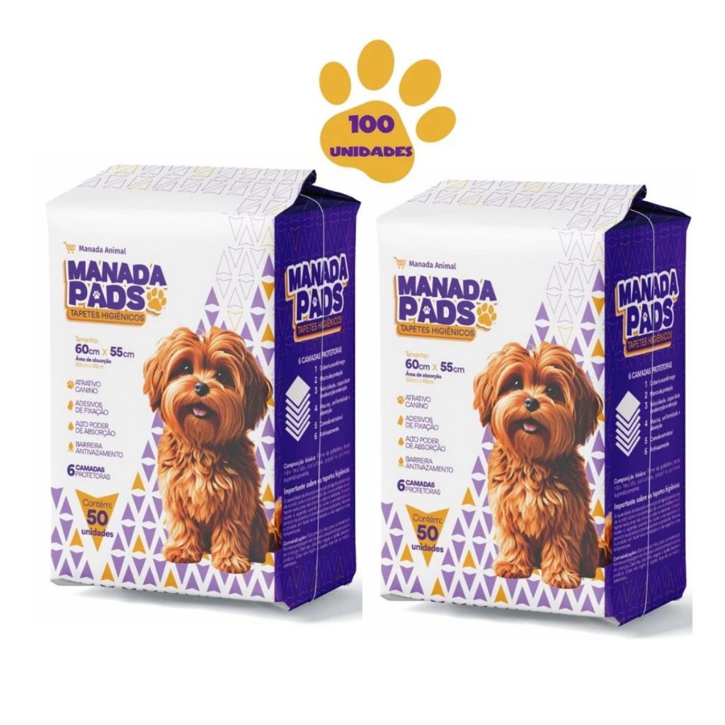 KIT Tapete Higiênico Para Cães Manada Pads 55X60 100 Unidades Envio Imediato Manada Animal