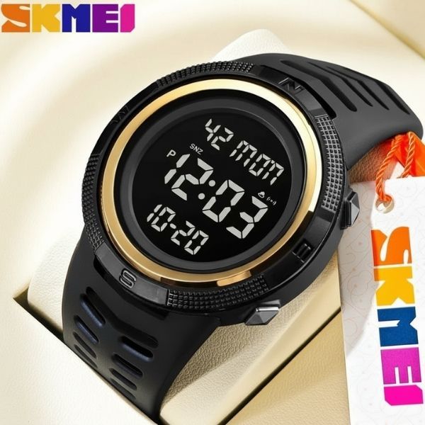 Relógio Masculino Skmei Digital 1632 Dourado Preto Aço, Original, com Timer, 2 Horários, 1 Ano de Garantia
