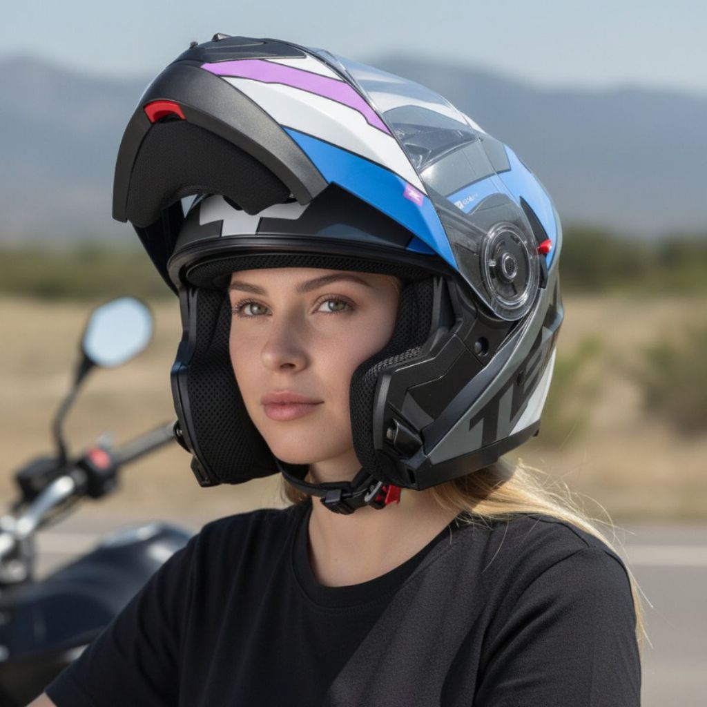 Capacete Feminino TEXX Rosa e Cinza Brilhante Com Viseira + Óculos Solar Interno Articulado Escamoteável Gladiator V3