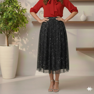 Saia Tule Com Brilho Midi  Cintura Elástico Moda Evangélica/Festa - Tamanho M G Pronta Entrega em Oferta na Shopee