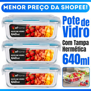 Conjunto Potes 640ml Vidro Hermético 4 Travas Marmita Alta Vedação Marmita Kit 3/2 - MENO…