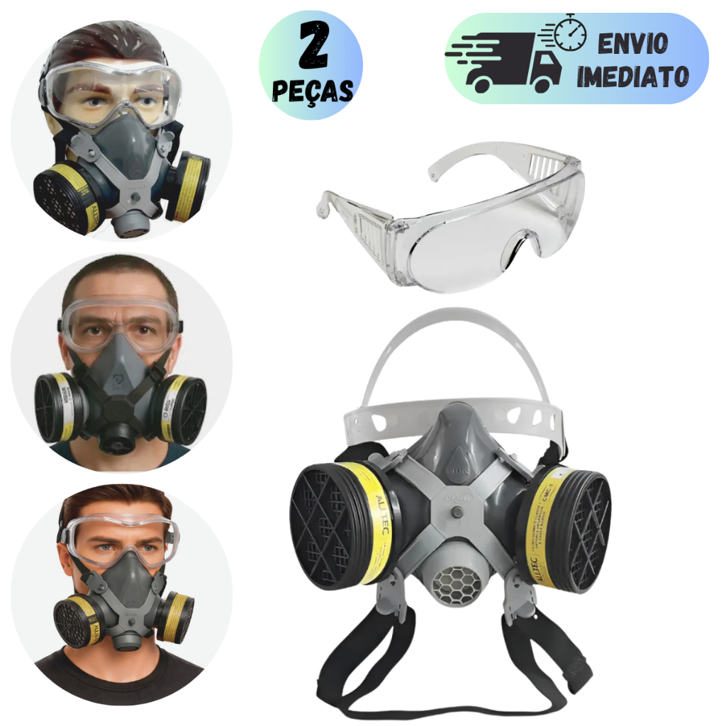 KIT RESPIRADOR 2002 + 2 FILTROS QUÍMICO VO+GA E OCULOS DE PROTEÇÃO INCOLOR PINTURA RESINA COM CA