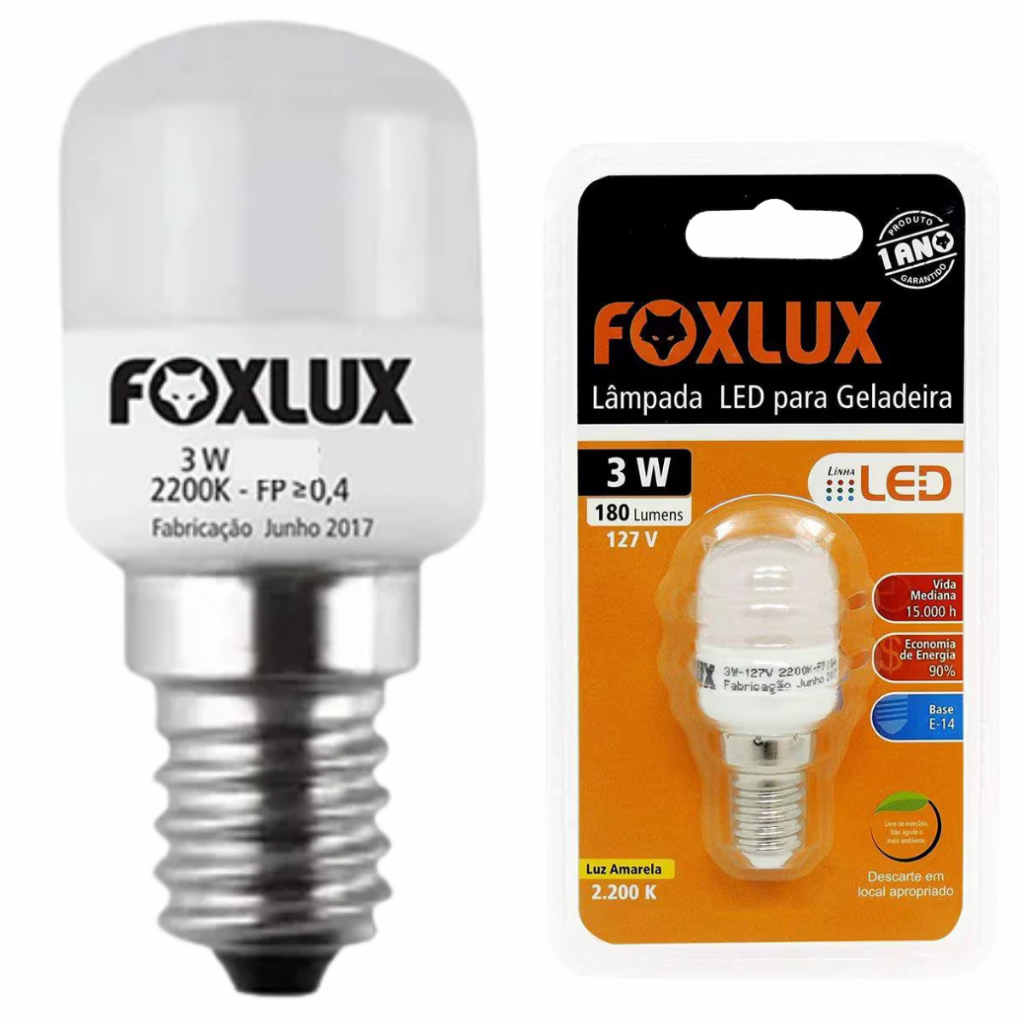 Lâmpada LED para Geladeira 3W E14 220V Foxlux Econômica Luz Branca Fria Alta Durabilidade