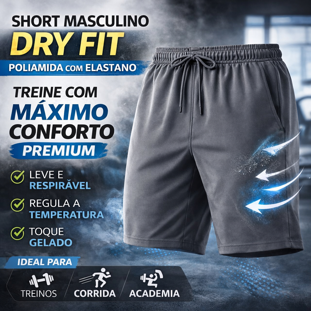 Short Masculino Dry Fit Poliamida com Elastano Academia Treino Corrida Confortável