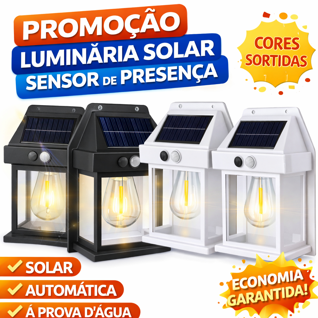 Luminária Energia Solar LED com Sensor de Movimento à Prova D’Água – Luz Quente para Jardim, Muro, Área Externa e Parede