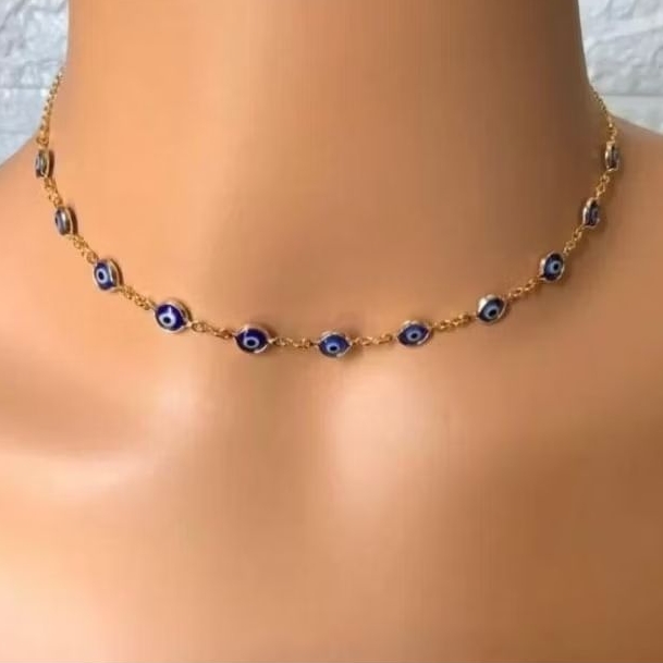 Colar Choker Dourado com Olho Grego azul Corrente Delicada de Proteção