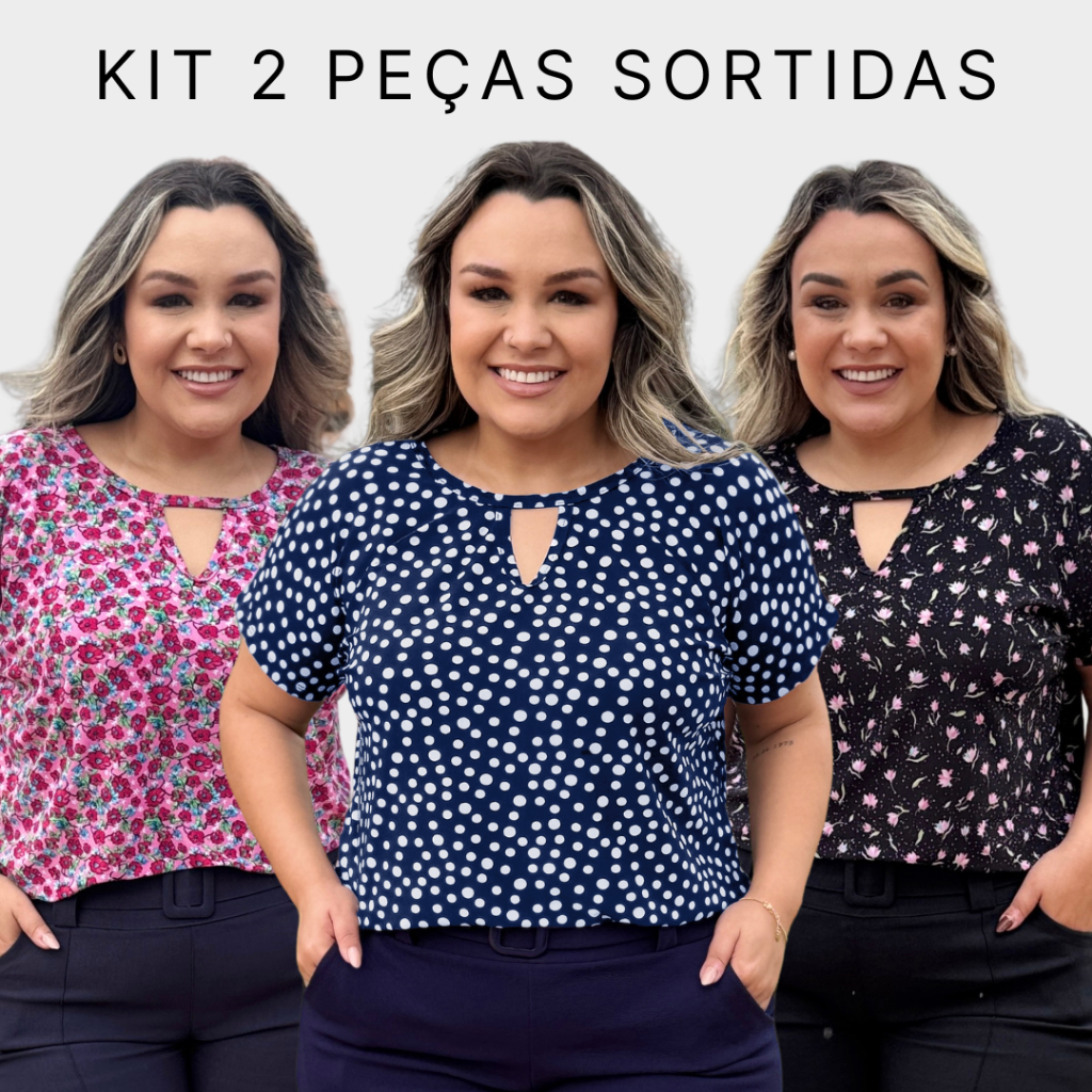 Kit 2 Blusas Sortidas Plus Size Feminina Detalhe V em Malha Fria Estampadas em Oferta na Shopee