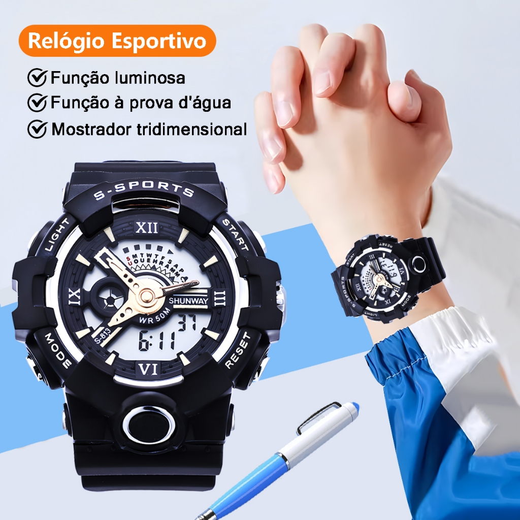 Relógio Digital Tático Masculino Cronógrafo Esportivo LED À Prova D'água  Pulseira De Silicone
