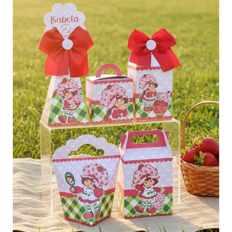 PEGUE E MONTE Kit Caixinhas Personalizadas para Festa Moranguinho Vintage Caixas para Lembrancinhas de Aniversário