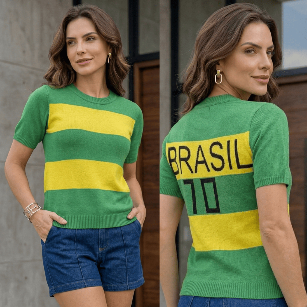 Blusa Tricot Feminino Manga Curta Seleção Brasil Copa Do Mundo Básica Elegante Casual