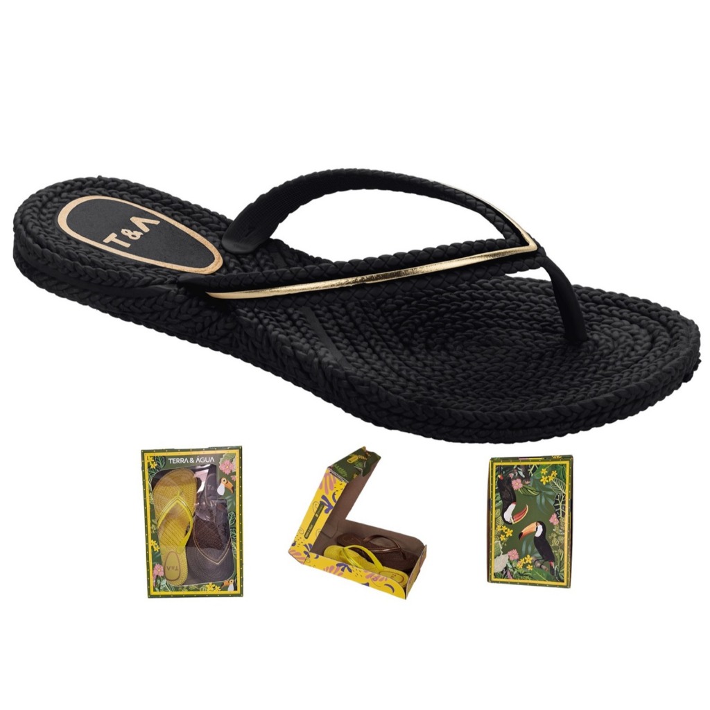 Chinelo Feminino Terra & Água Cancun Tira Trançada Filete Dourado Confortável Original 240713
