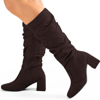 Bota Feminina Lumiss Cano Alto Enrugado Slouchy Salto Bloco Baixo Camurça Suede Marrom em Oferta na Shopee