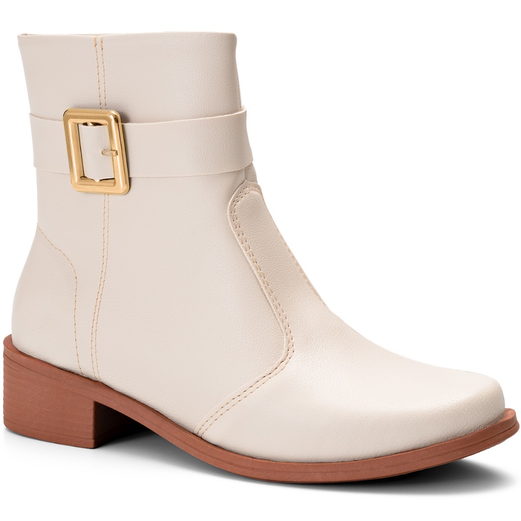 Bota Feminina Lumiss Cano Baixo Montaria Rasteira Fivela Off White