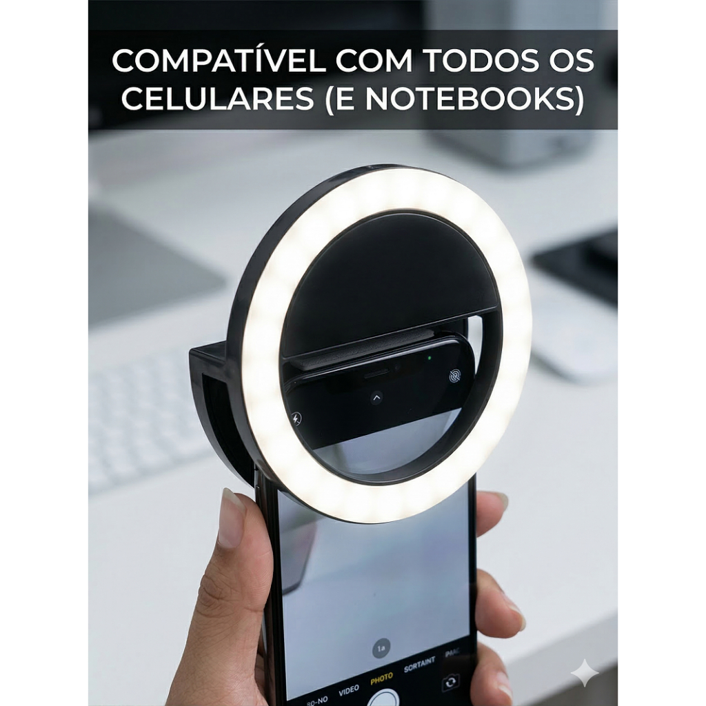 Selfie Ring Light Premium p/ Celular - 36 LEDs com 3 Níveis de Brilho Iluminação de Estúdio Portátil