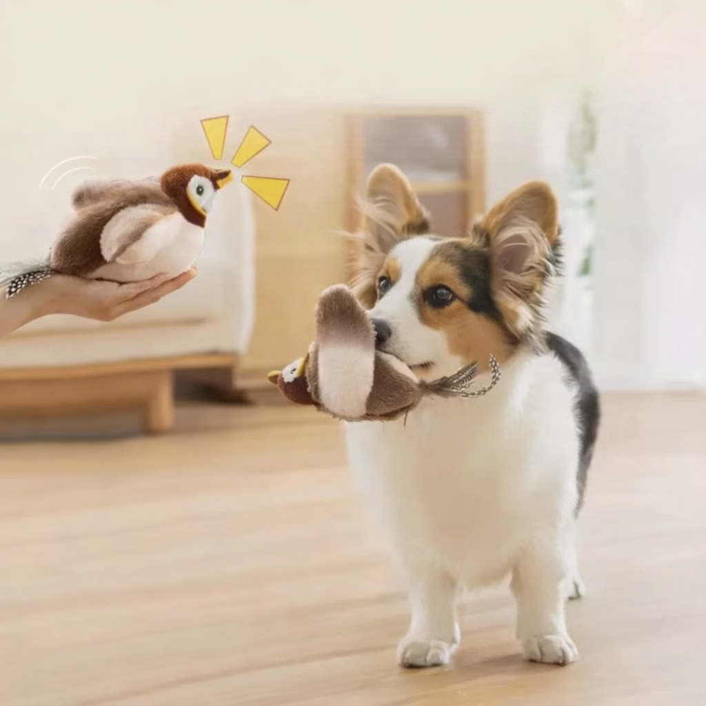 Brinquedo Interativo para Pets – Coruja de Pelúcia com Penas Naturais (Para Gatos e Cães)