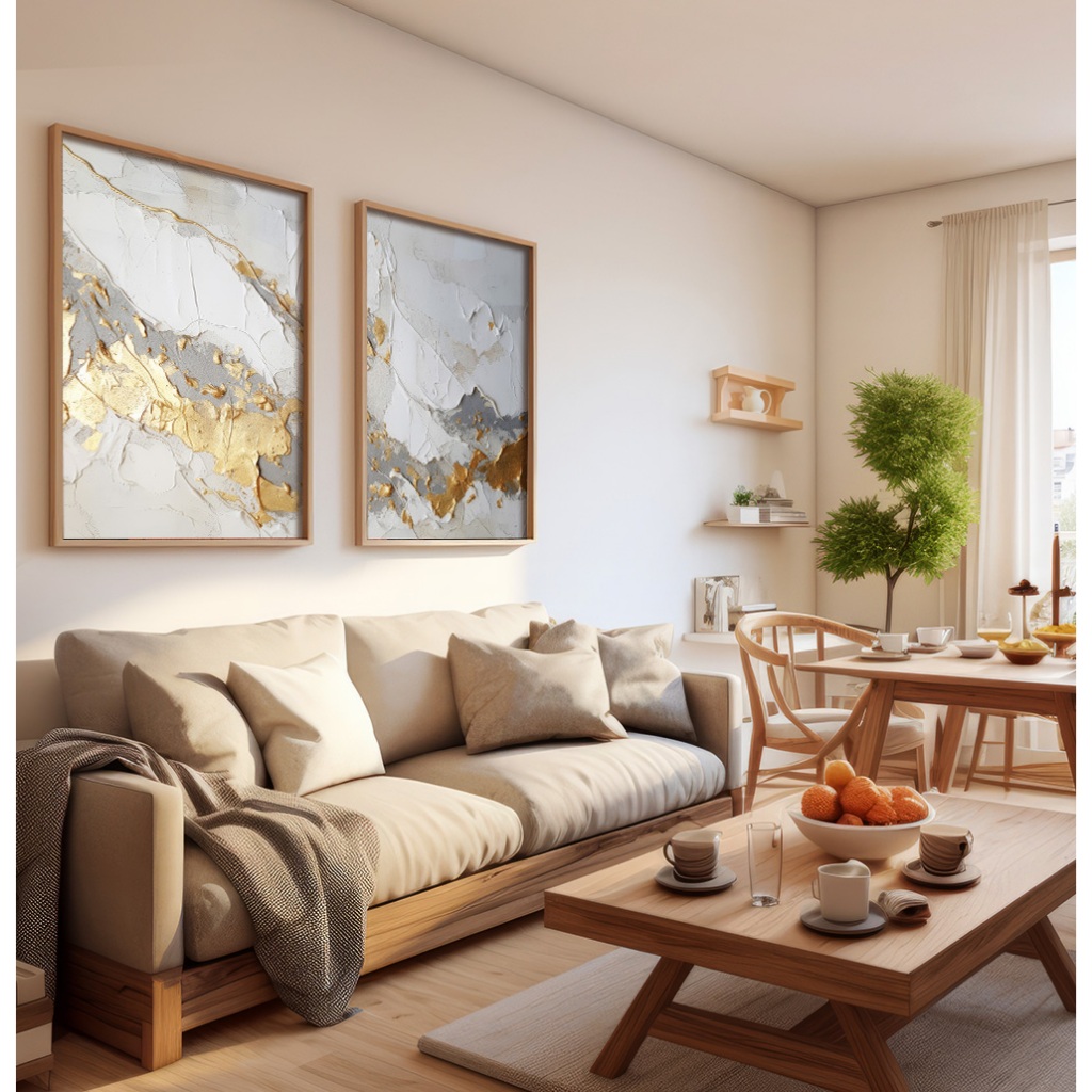 Quadro Abstrato Para Sala Kit 2 Quadros Modernos Decorativos Quadro Dourado Com Moldura Gesso Cinza