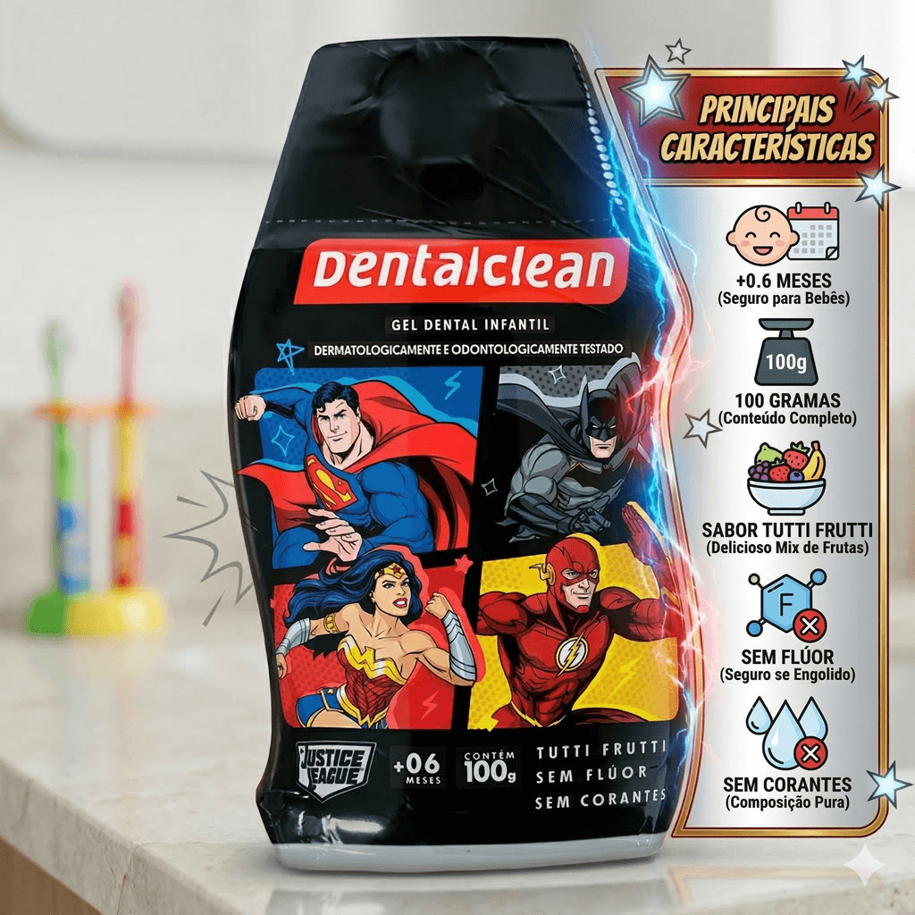 Gel Dental Infantil Liga Da Justiça Mix de Frutas Dentalclean 100g