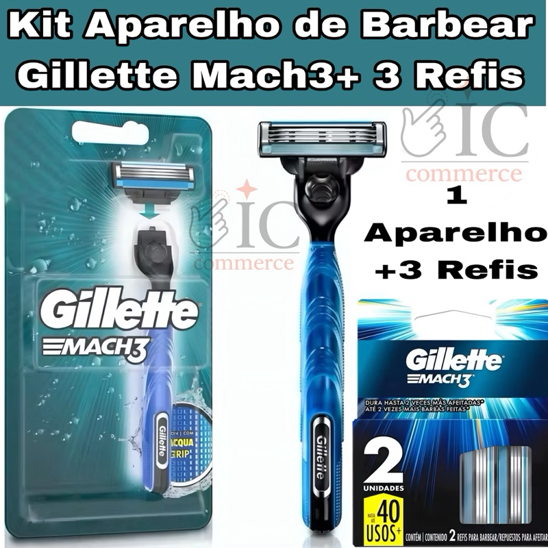 Kit Aparelho de Barbear Gillette Mach3 Aqua-Grip + 3 Cargas Refil Original Barbear Suave e Preciso