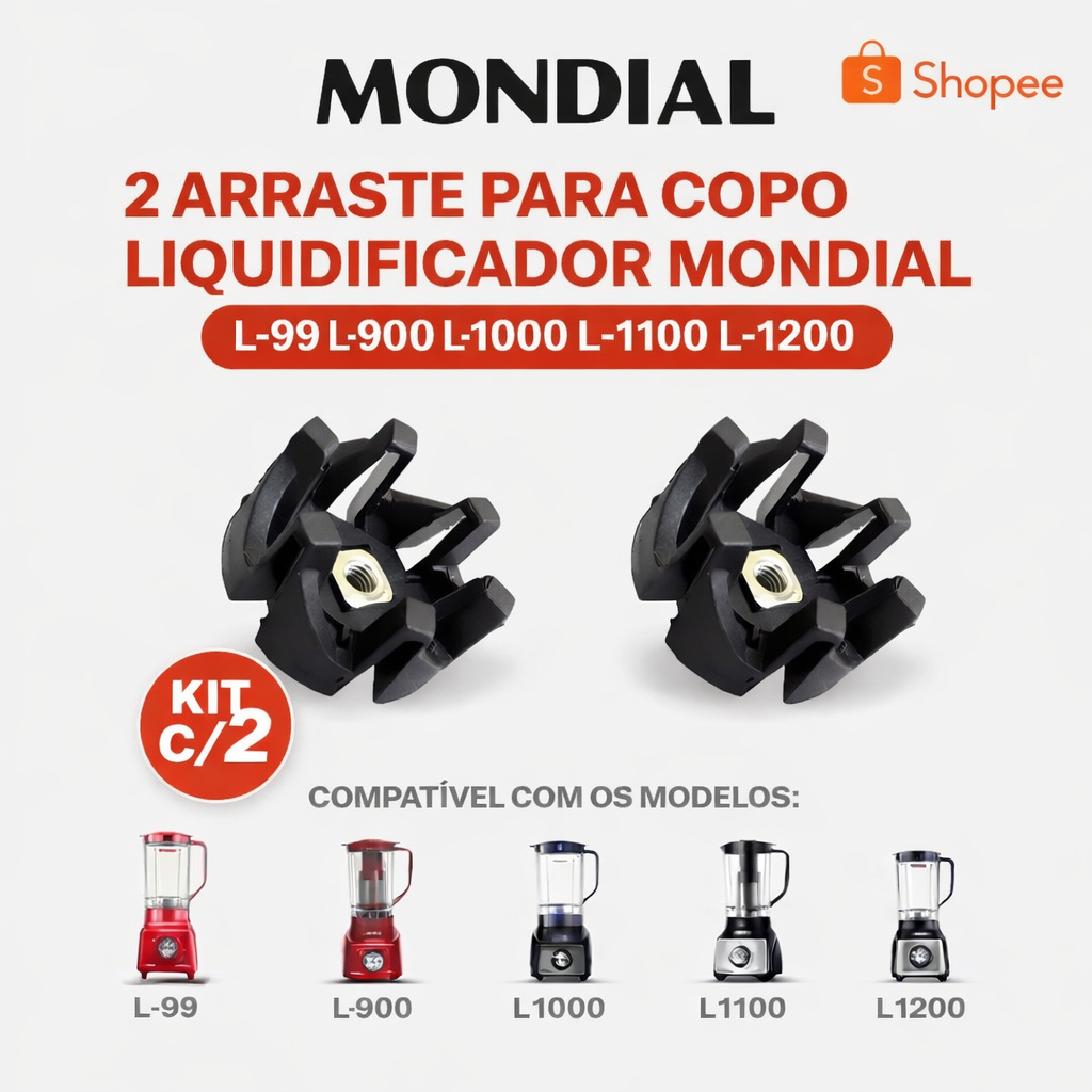 KIT 2 Arraste para Copo Liquidificador Mondial L99 L900 L1000 L1100 L1200 – Peça Reposição