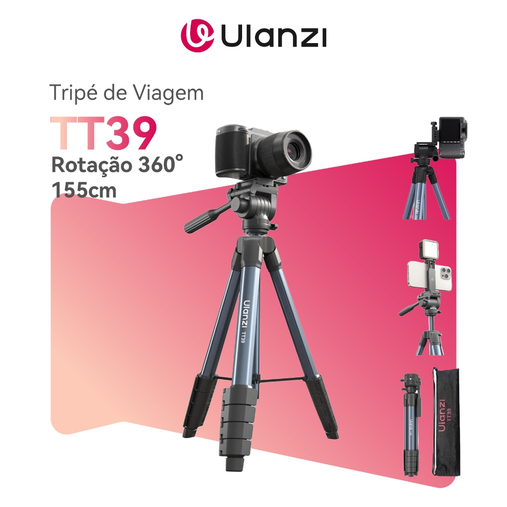 ULANZI TT39 Tripé de Viagem 155cm com Rotação 360°, Leve para DSLR e Celular