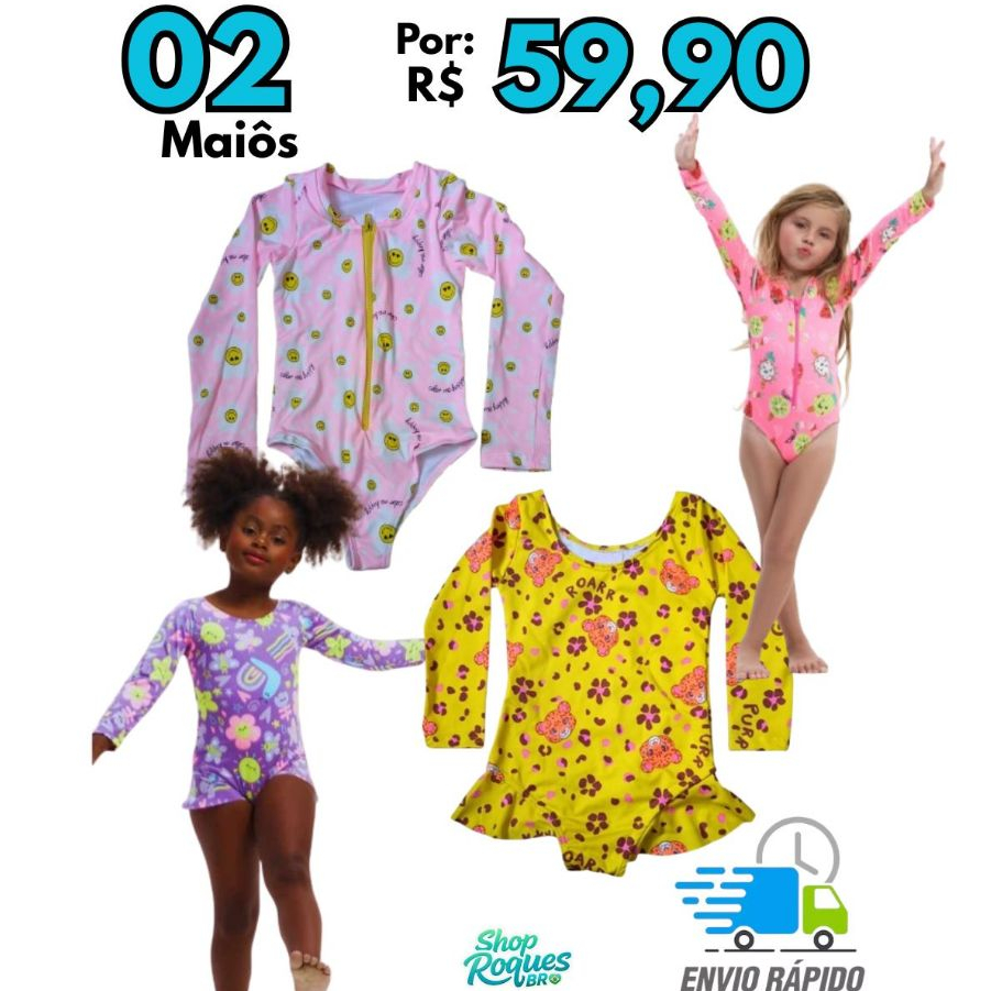 Kit 02 Biquinis Maiô Infantil menina Manga Longa Proteção UV Sortido -  Praia piscina confortável