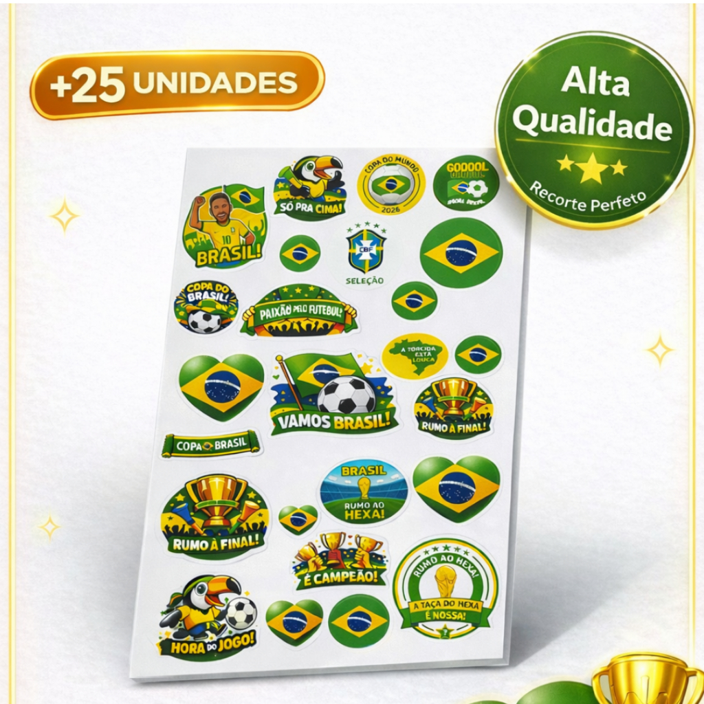 Cartela de adesivos 25 unidades copa do mundo 2026 futebol Brasil variados