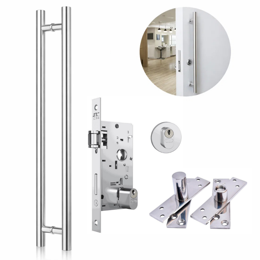 Kit Porta Pivotante Puxador Tubular 45cm + Fechadura Rolete Stam + Dobradiça Pivotante Polido
