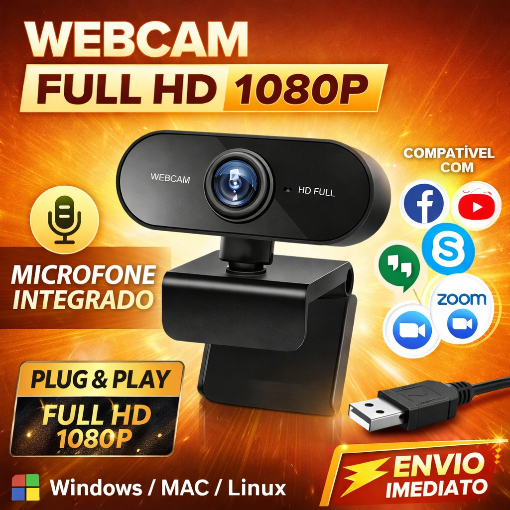 Webcam Full HD 1080P com Microfone USB Plug & Play para PC Notebook Windows Mac Linux