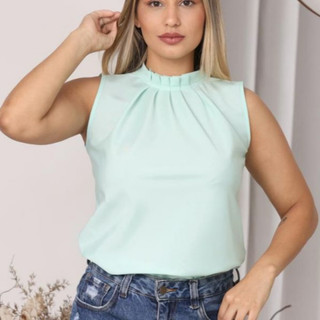 Blusa regata feminina gola alta com botão na costa crepinho elegante e leve para verão moda casual ou social 2006