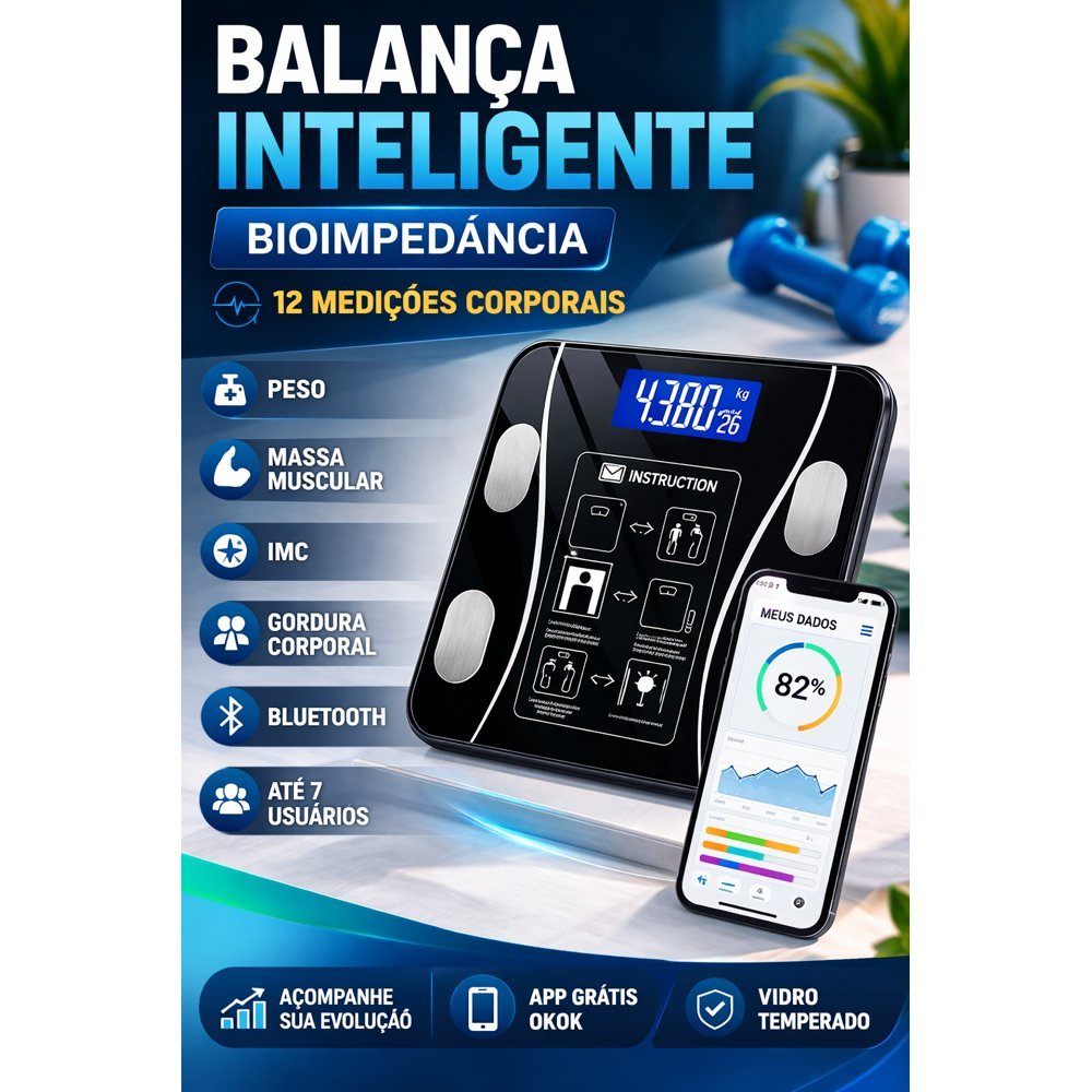 Balanca Digital Corporal Bioimpedancia Gordura IMC Massa Muscular App