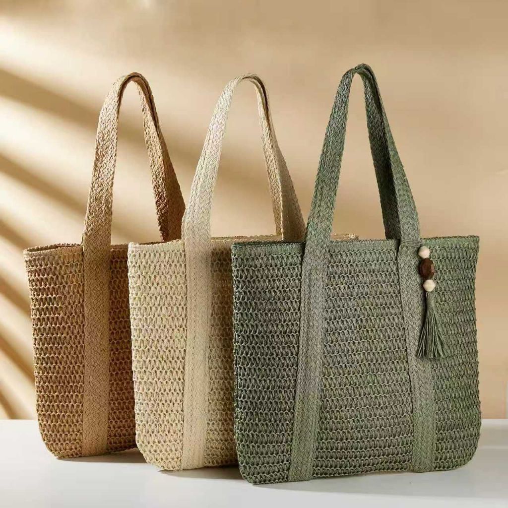 Bolsa De Palha Grande Com Chaveiro Verão Espaçosa Feminina Fechamento Zíper