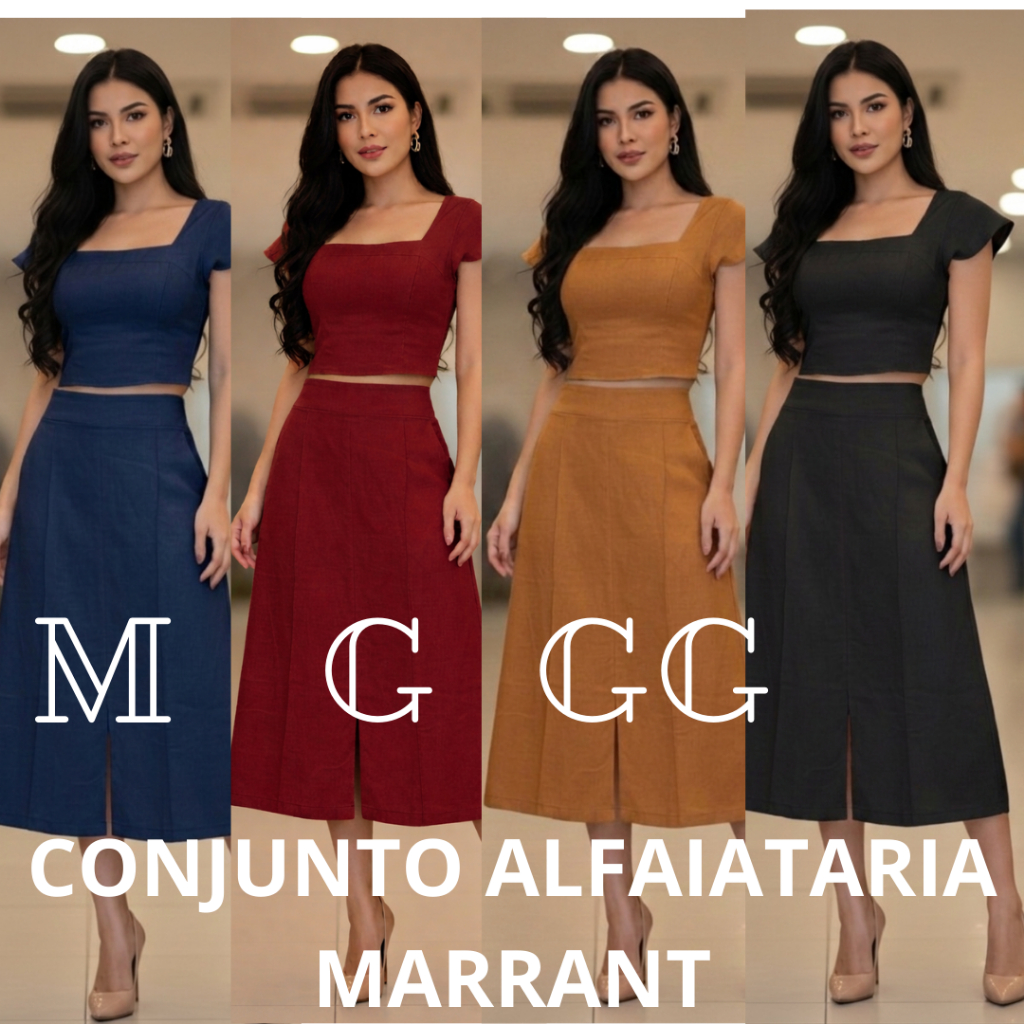 CONJUNTO FEMININO ALFAIATARIA MARRANT BLUSA MANGA BABADO Y SAIA MIDI