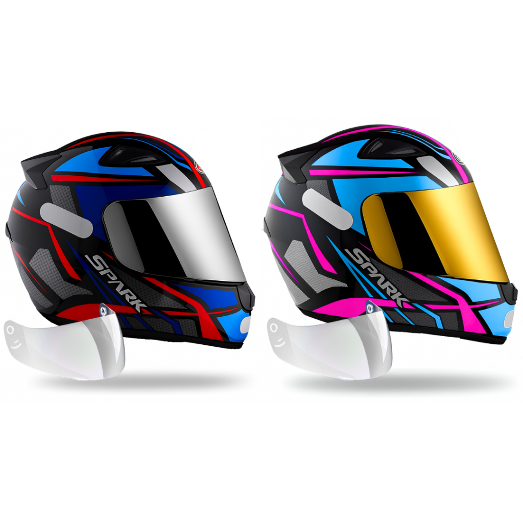 Kit Capacete Ebf Spider Azul e Spider Tiffany Mais Viseira Cromada e Dourada