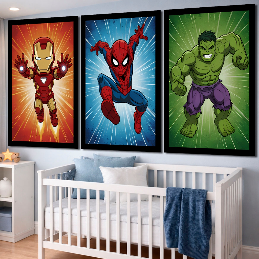 Quadro Decorativo Avangers Super Heróis Homem Aranha Hulk Homem De Ferro Infantil Menino Quarto Kit