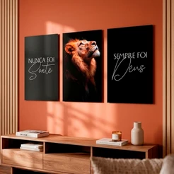 Quadro 3 Telas Nunca Foi Sorte Sempre Foi Deus Sala Quarto Quadro Leão Motivacional 60x40 Escritorio
