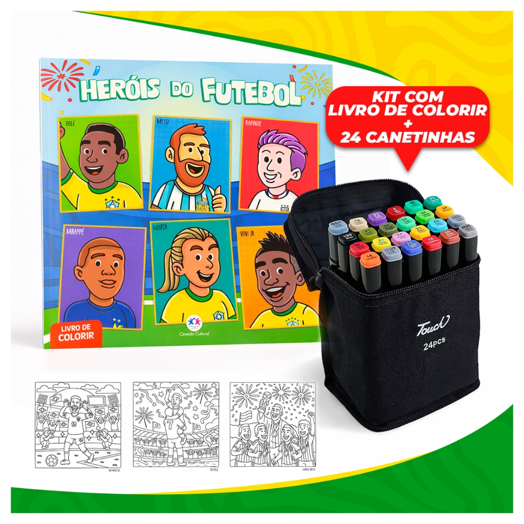 Kit Livro de Colorir Copa do Mundo 2026 Futebol Jogadores + 24/60/80 Canetinhas Touch Ponta Dupla